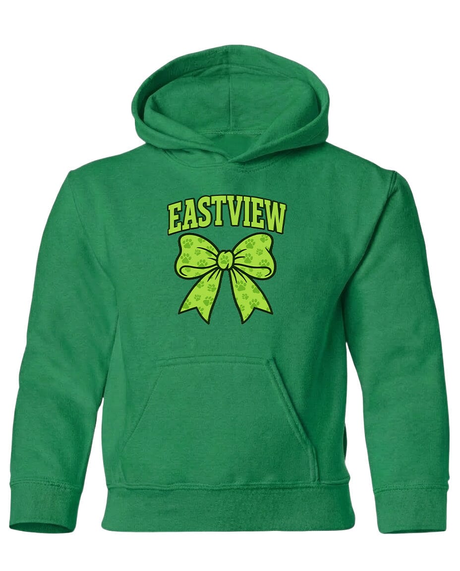 A green hoodie with a yellow bow and the text "EASTVIEW" printed on it.