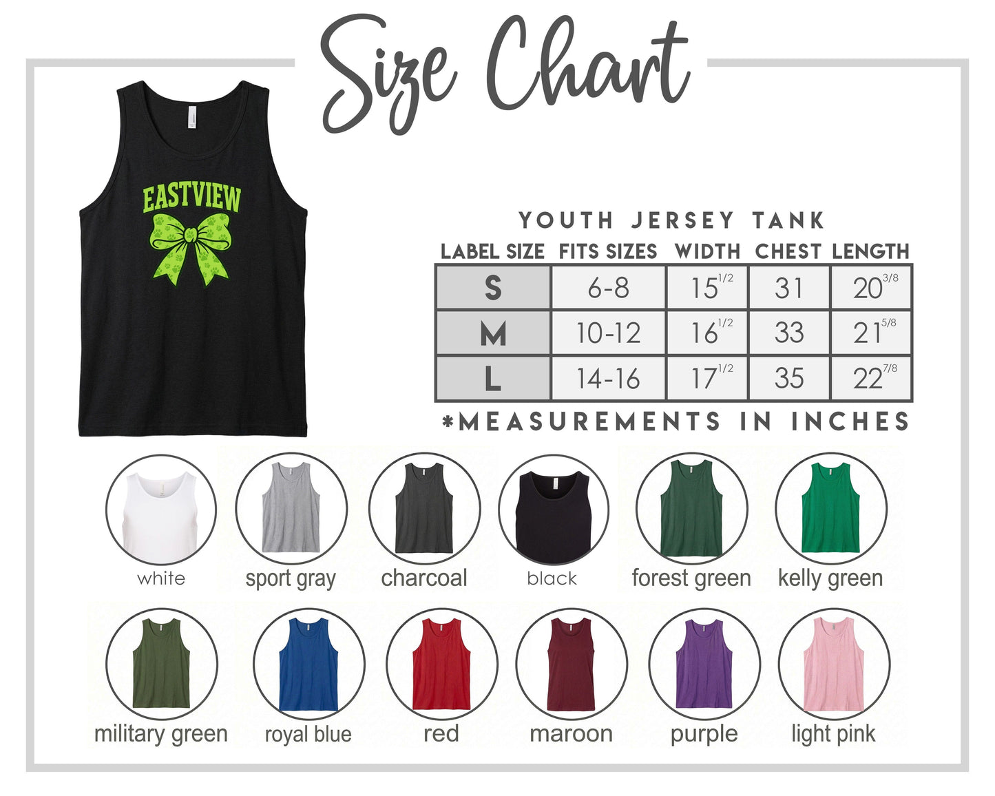 The image is a size chart for a youth jersey tank, displaying various color options and corresponding measurements in inches.