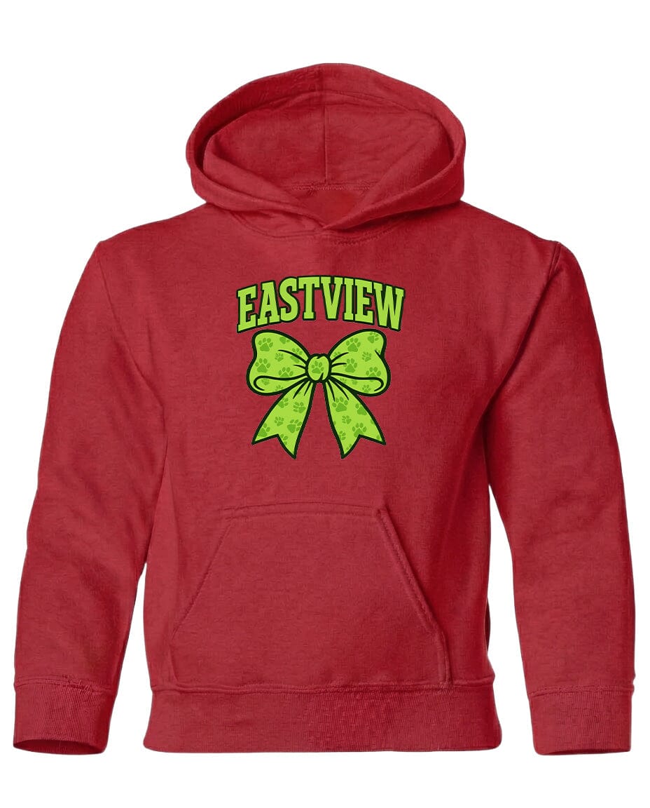A red hoodie with a green bow and the text "EASTVIEW" printed on it.