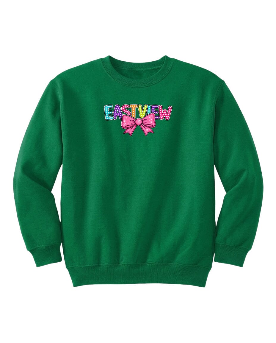 A green sweatshirt with the word "EASTVIEW" printed on it, along with a bow design.