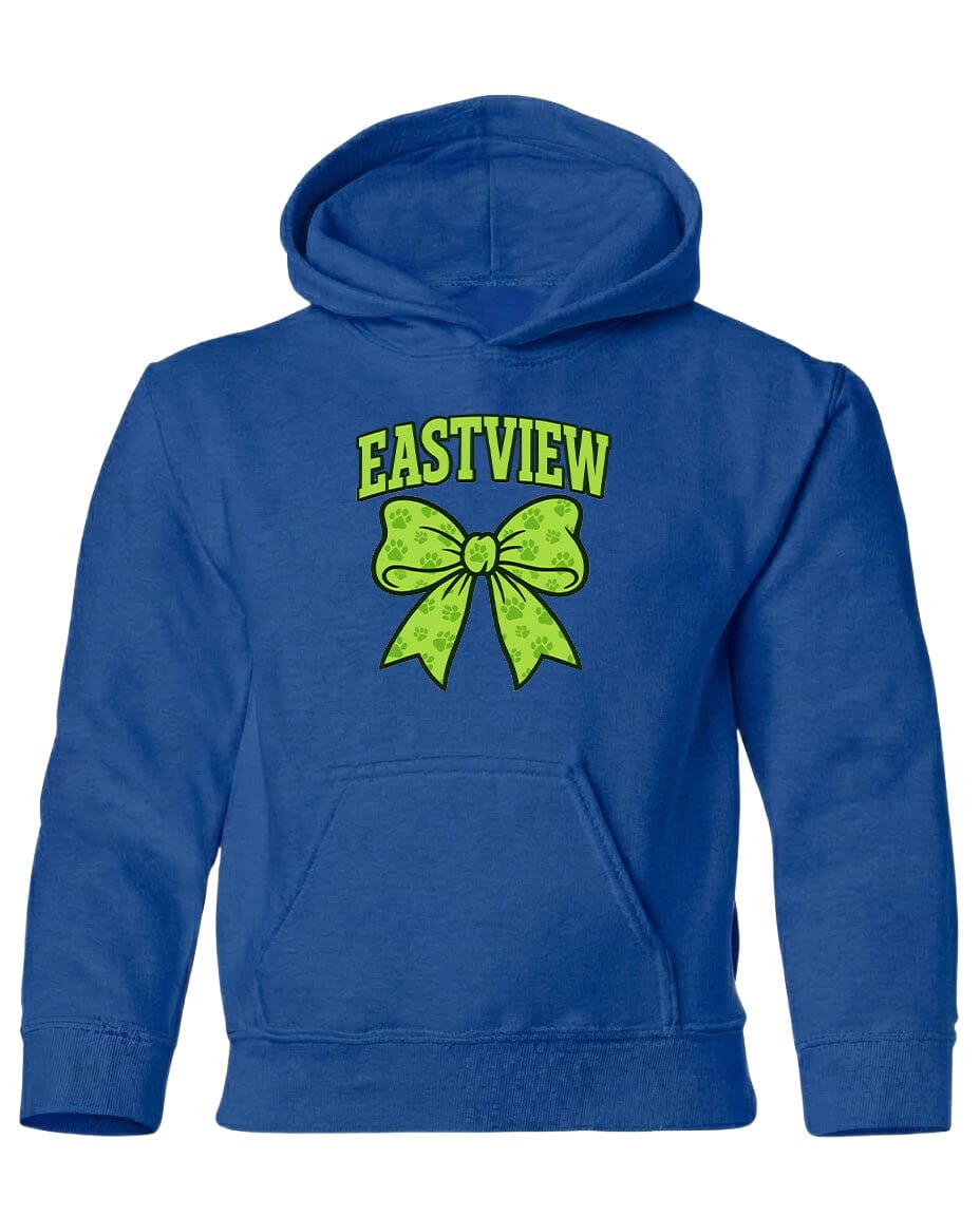A blue hoodie with a yellow bow and the text "EASTVIEW" printed on it.