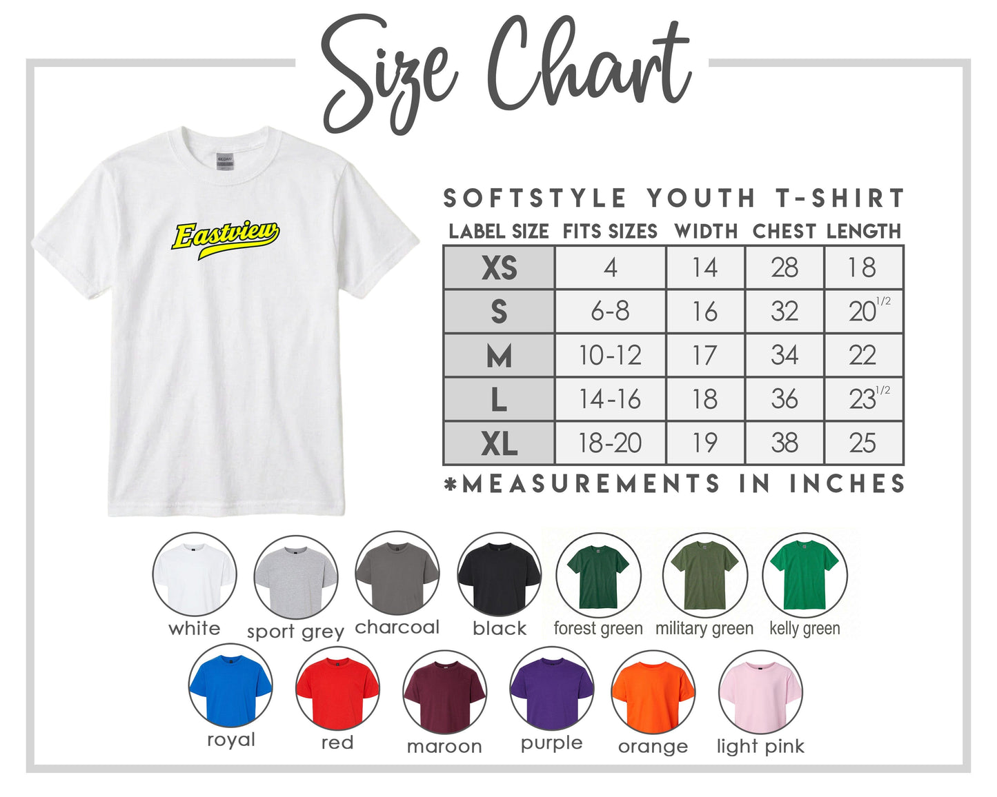 The image is a size chart for a softstyle youth t-shirt, providing measurements for different sizes and corresponding t-shirt colors.