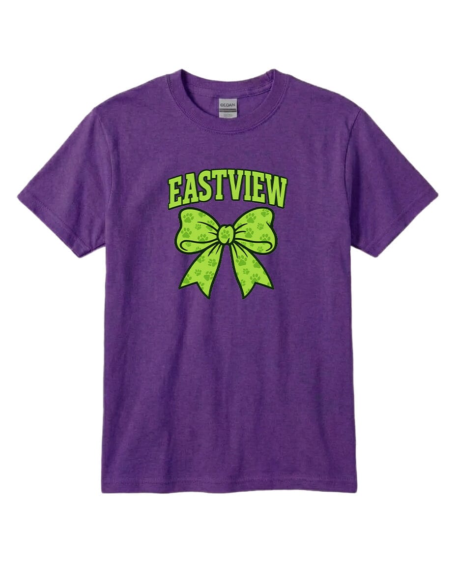 A purple t-shirt with a graphic design of a green bow on it.