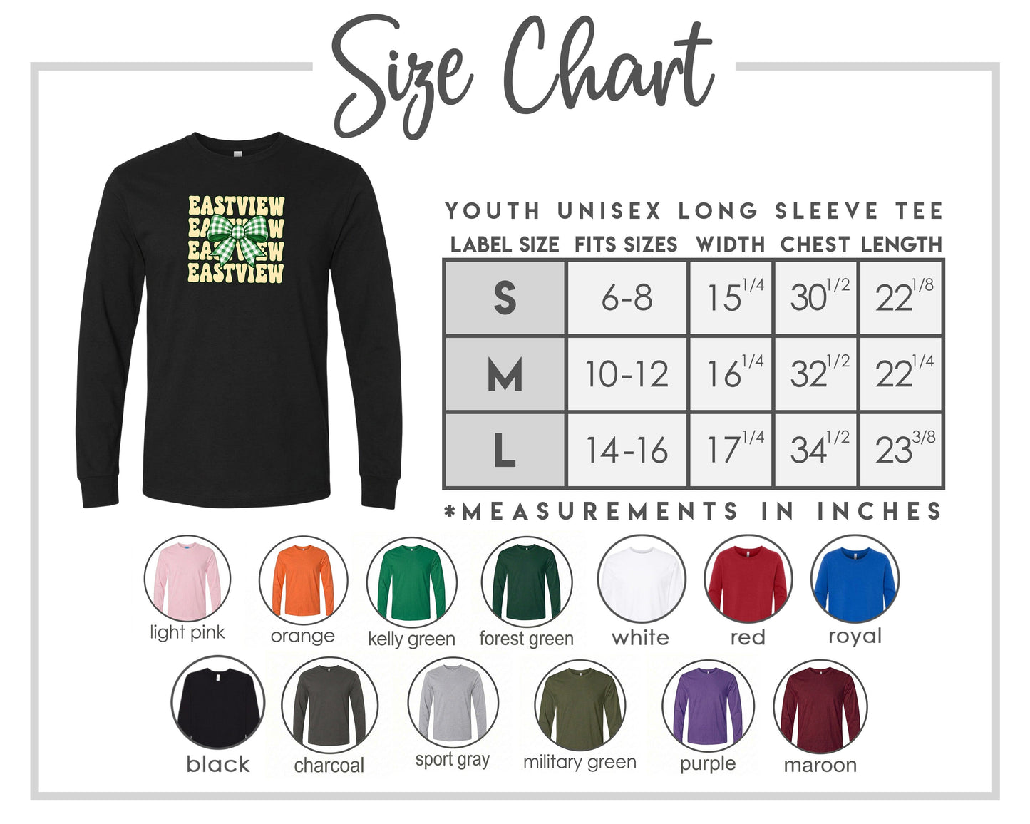 The image is a size chart for a youth unisex long sleeve t-shirt. It includes a black t-shirt with a yellow text design and a table with size measurements and corresponding color options.