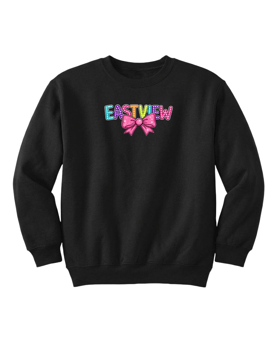 A black sweatshirt with the word "EASTVIEW" printed on it in colorful letters.