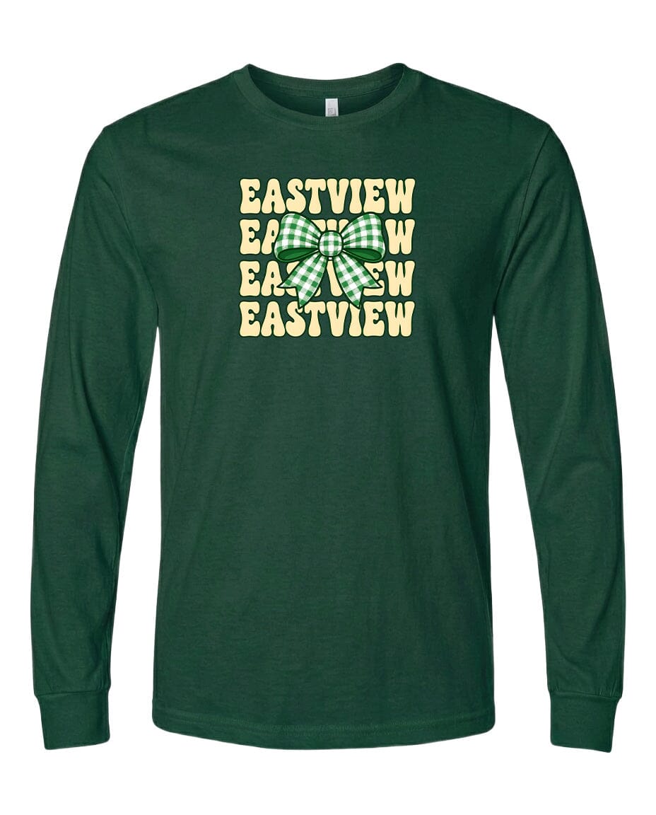 A dark green long-sleeved t-shirt with a graphic design featuring the text "EASTVIEW" repeated in a vertical orientation, with a green and white bow in the center.