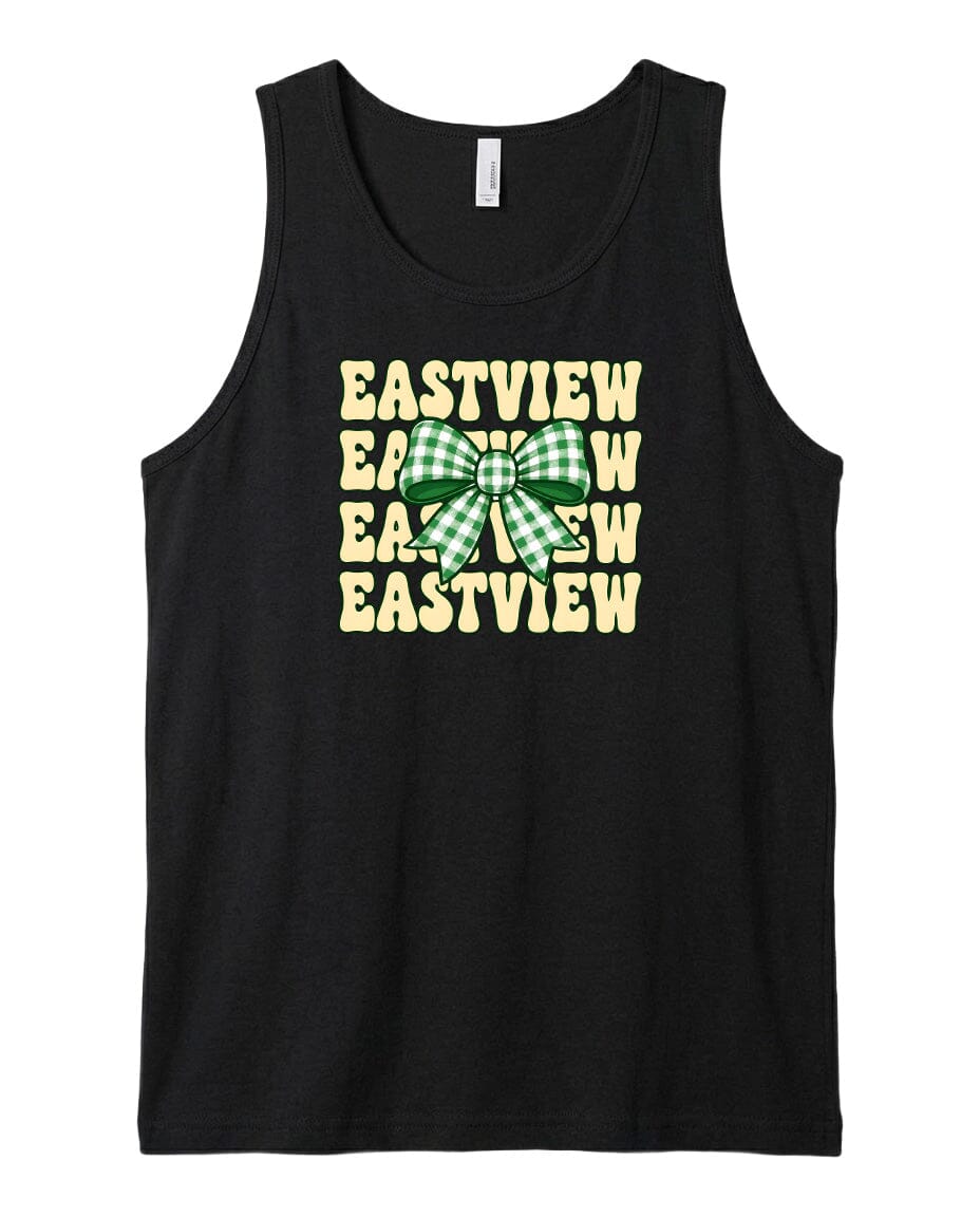 A black tank top with a graphic design featuring the text "EASTVIEW" repeated in a vertical orientation, with a green and white bow in the center.