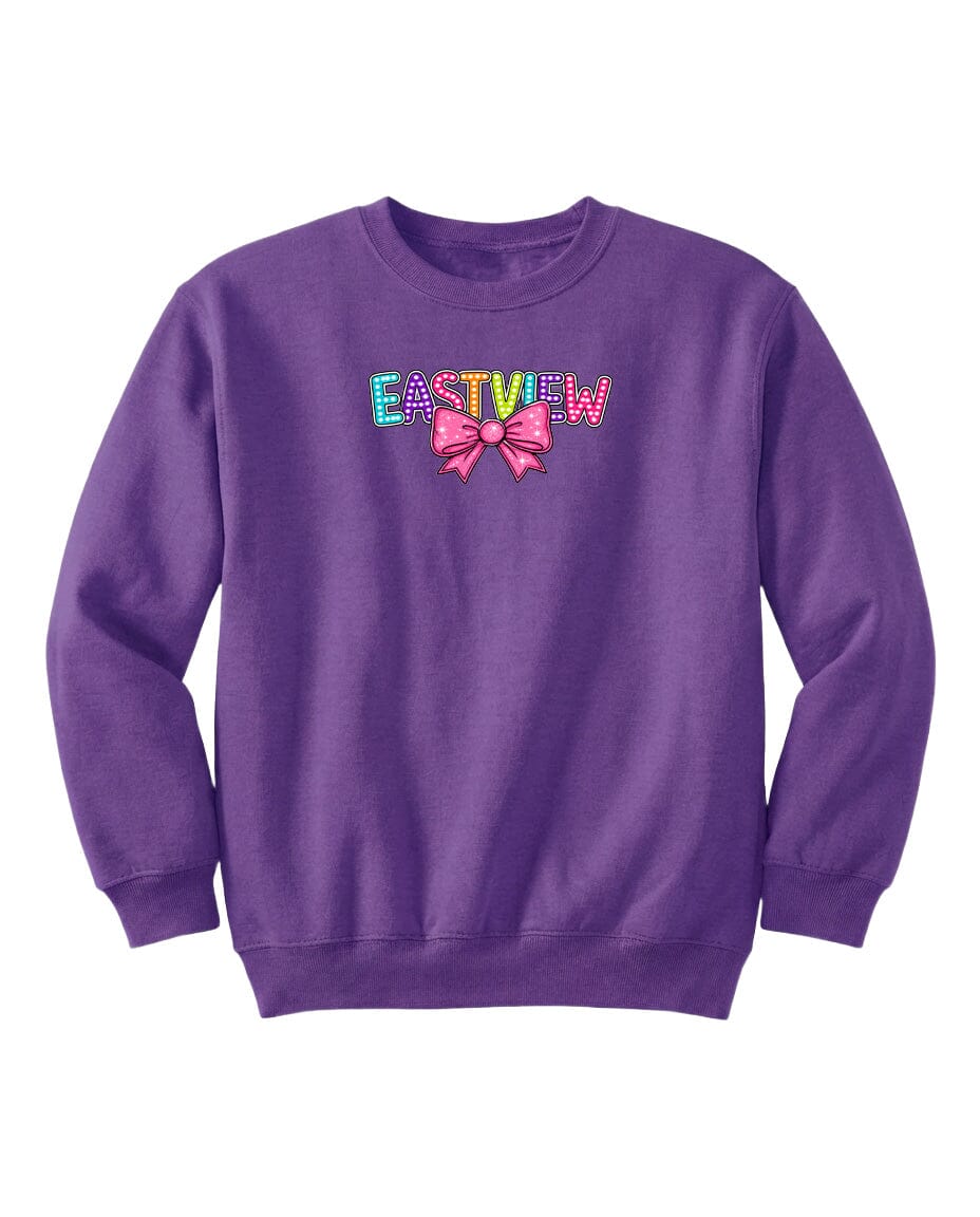 A purple sweatshirt with the word "EASTVIEW" printed on it, along with a bow design.