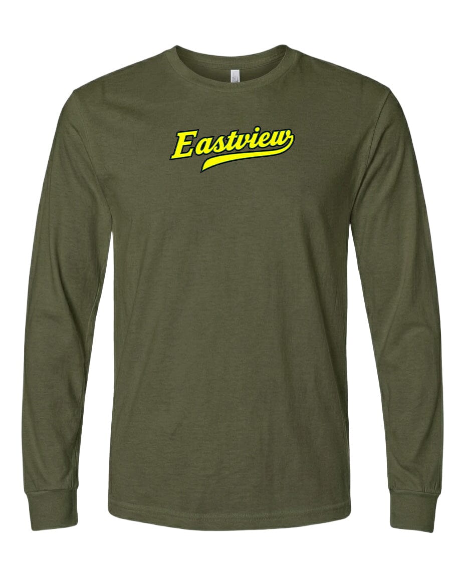 A dark green long-sleeved t-shirt with a yellow logo on the front.