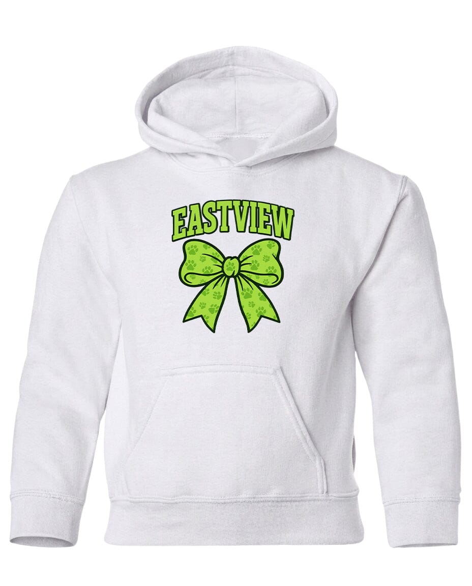 A white hoodie with a green bow and the text "EASTVIEW" printed on it.