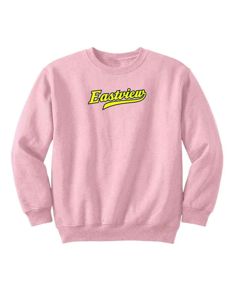 A pink sweatshirt with the word "Eastview" printed in yellow on the front.