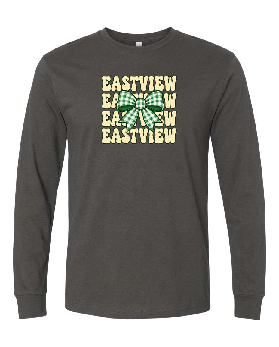 A gray long-sleeved t-shirt with a graphic design featuring a green and white bow and the text "EASTVIEW" repeated in a vertical pattern.