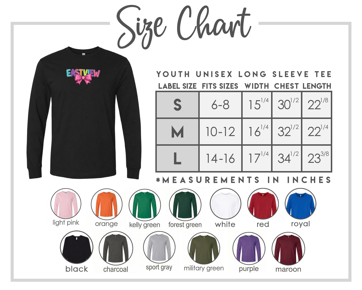 The image is a size chart for a youth unisex long sleeve tee, including various color options and corresponding measurements.