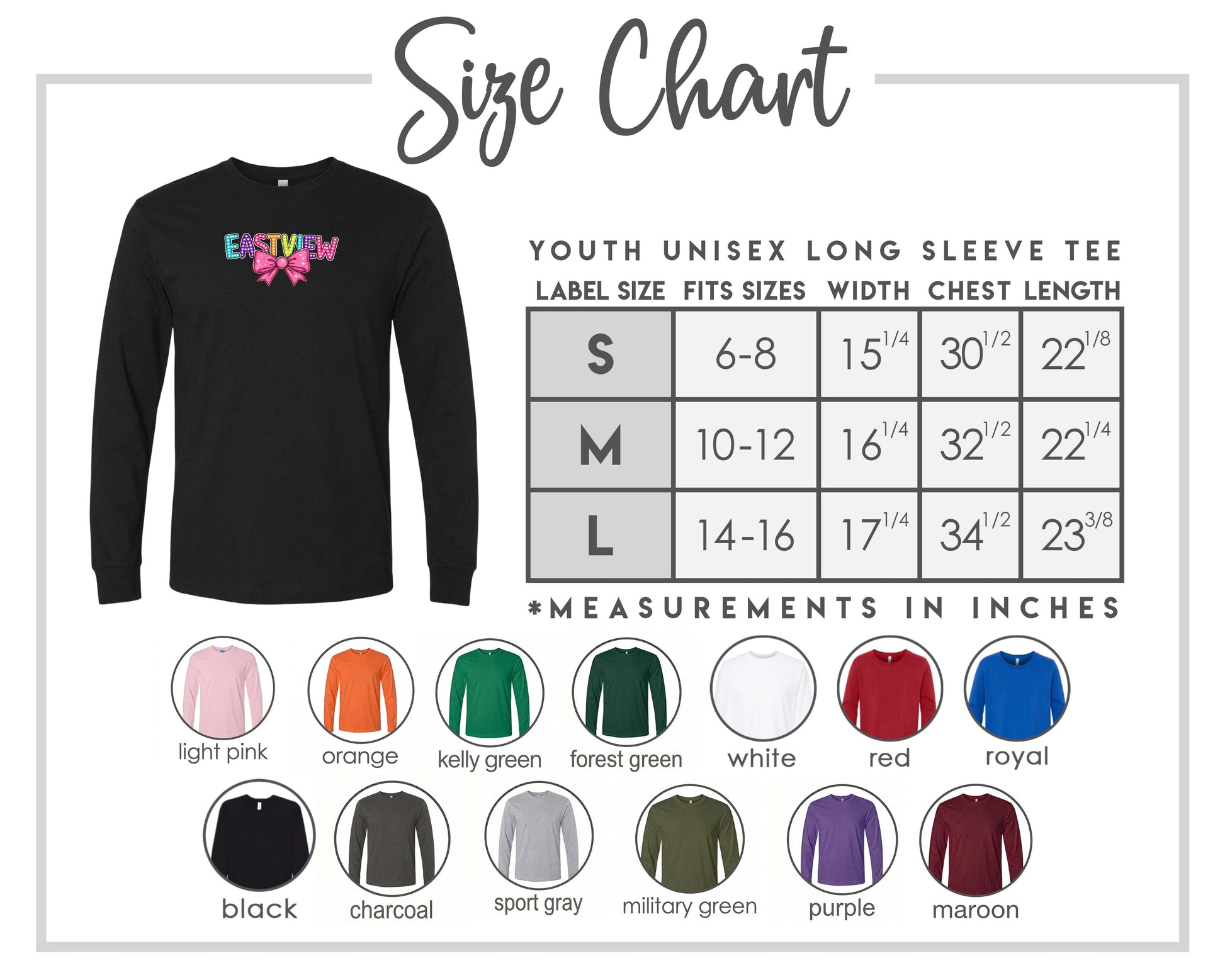 The image is a size chart for a youth unisex long sleeve tee, including various color options and corresponding measurements.