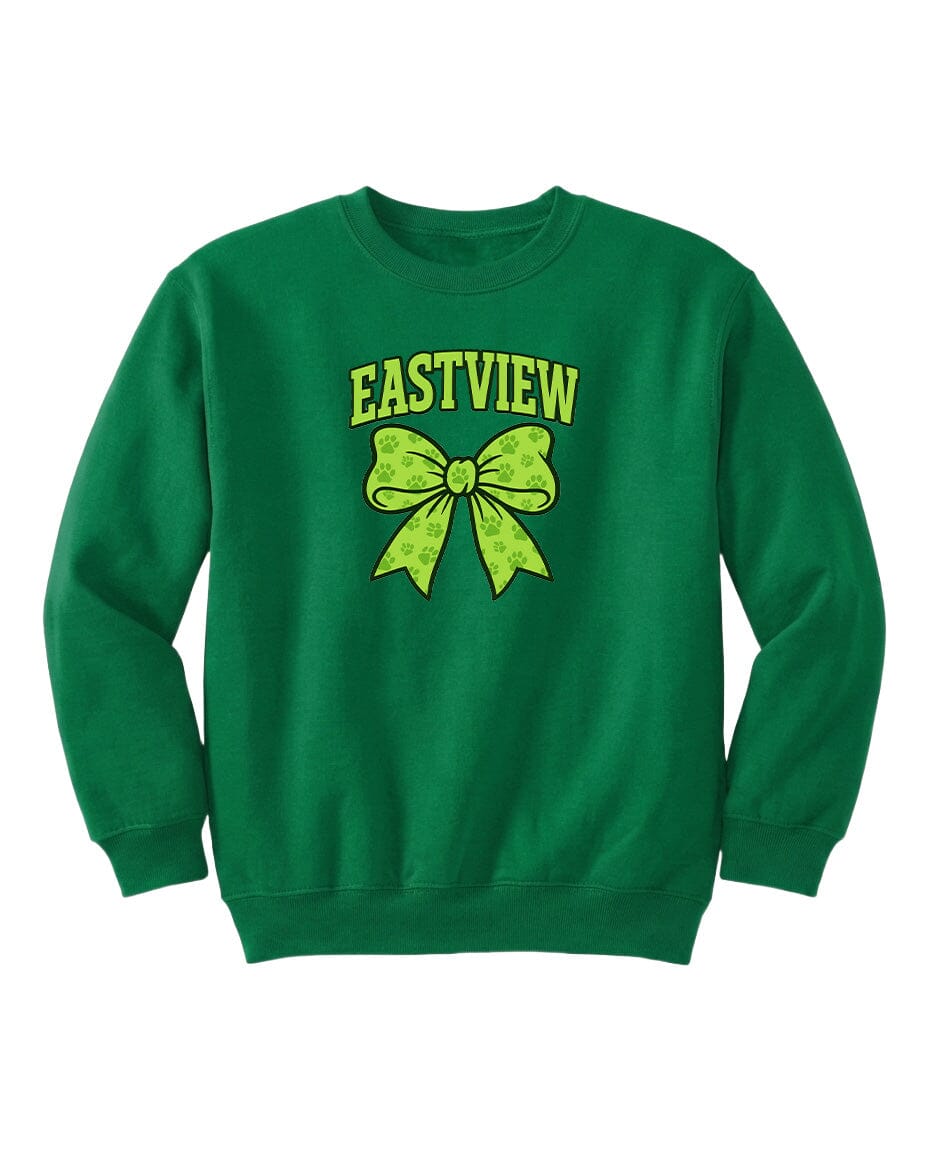 A green sweatshirt with a yellow bow and the text "EASTVIEW" printed on it.