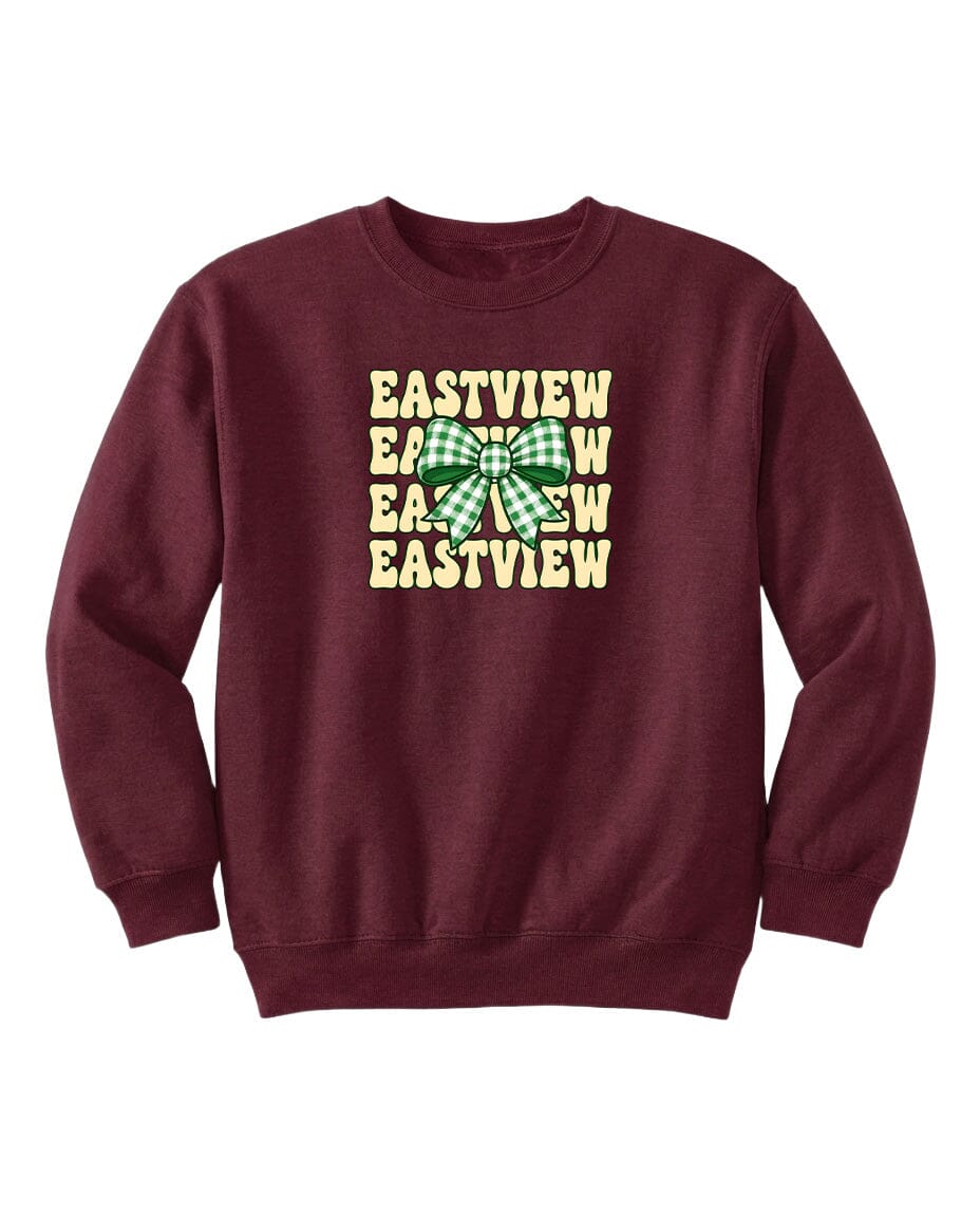 A burgundy sweatshirt with a graphic design featuring the text "EASTVIEW" repeated in a vertical pattern, with a green bow below the text.