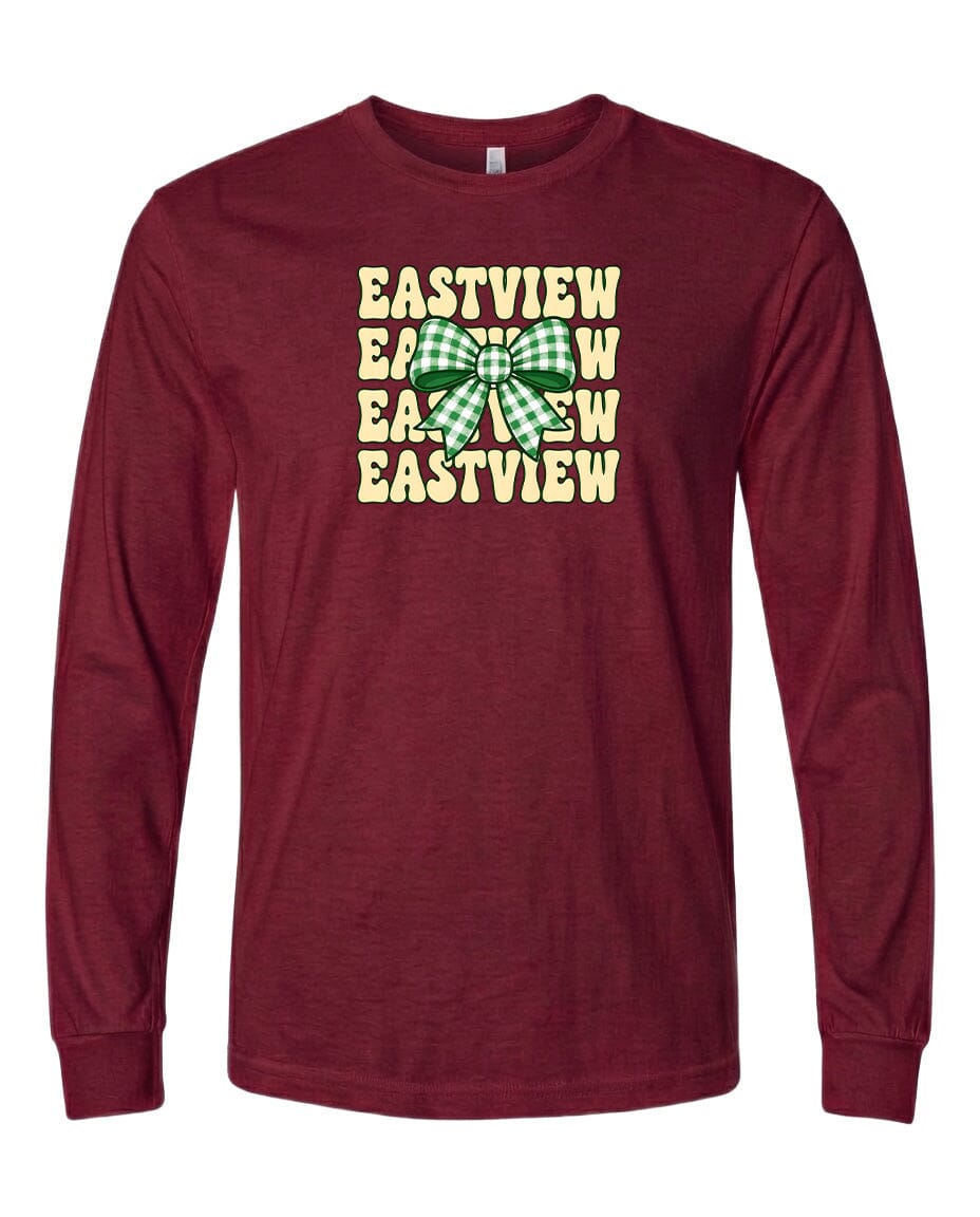 A burgundy long-sleeved t-shirt with a graphic design featuring the text "EASTVIEW" repeated in a vertical pattern, with a green and white bow in the center.