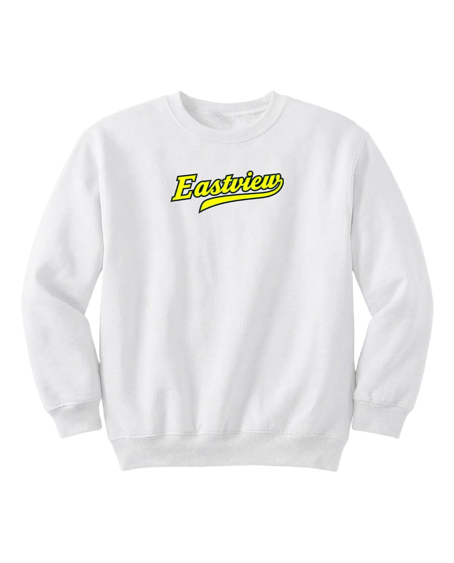 A white sweatshirt with the word "Eastview" printed in yellow on the front.