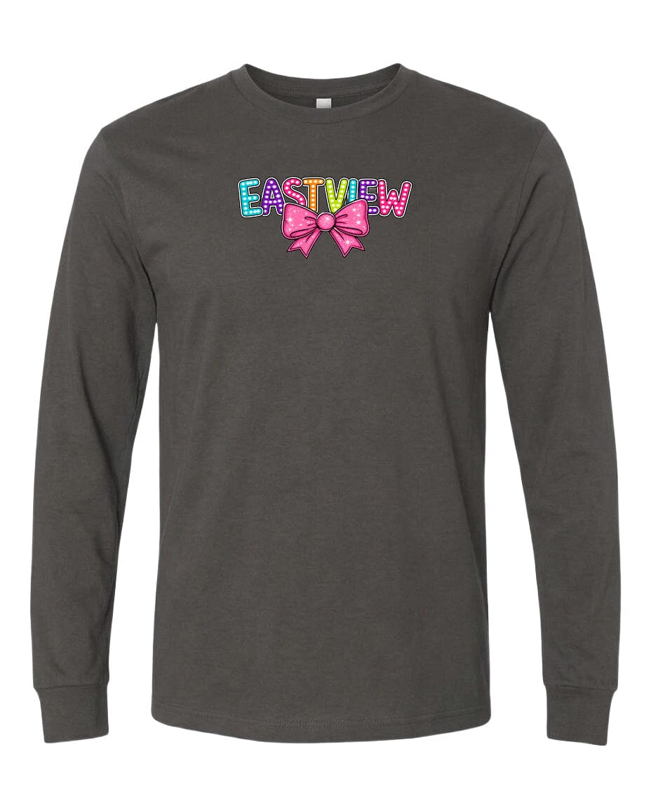 A gray long-sleeved t-shirt with the word "EASTVIEW" printed on it in a colorful, stylized font.