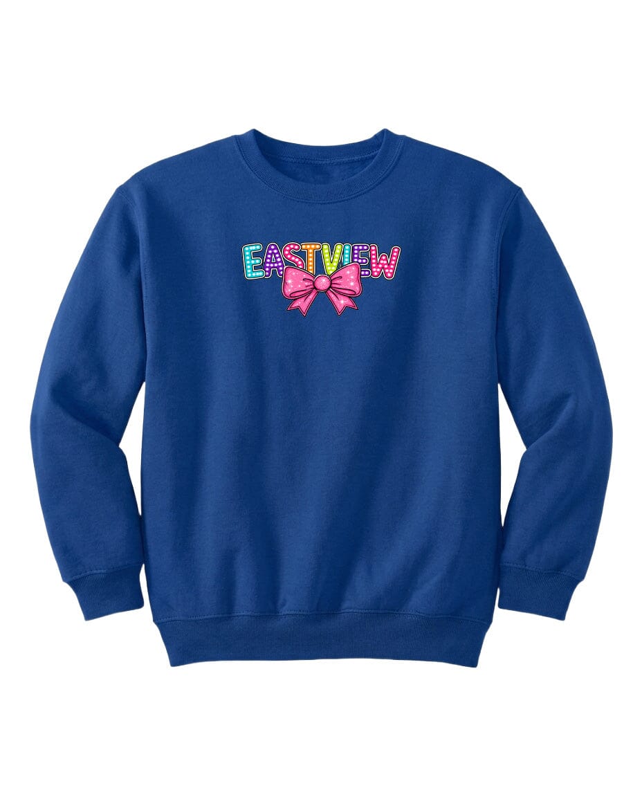 A blue sweatshirt with the word 'EASTVIEW' printed on it, along with a bow design.