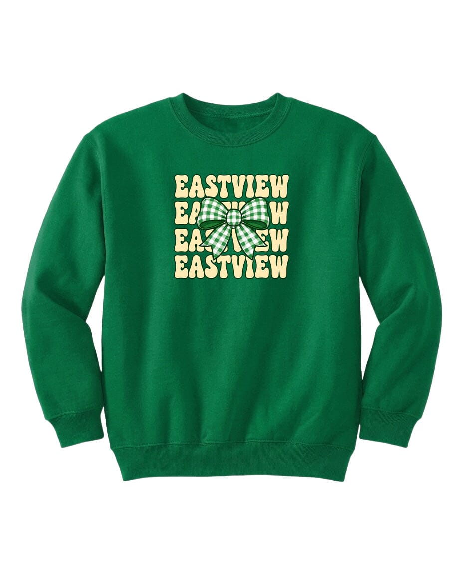A green sweatshirt with a graphic design featuring the text "EASTVIEW" in a stylized font.