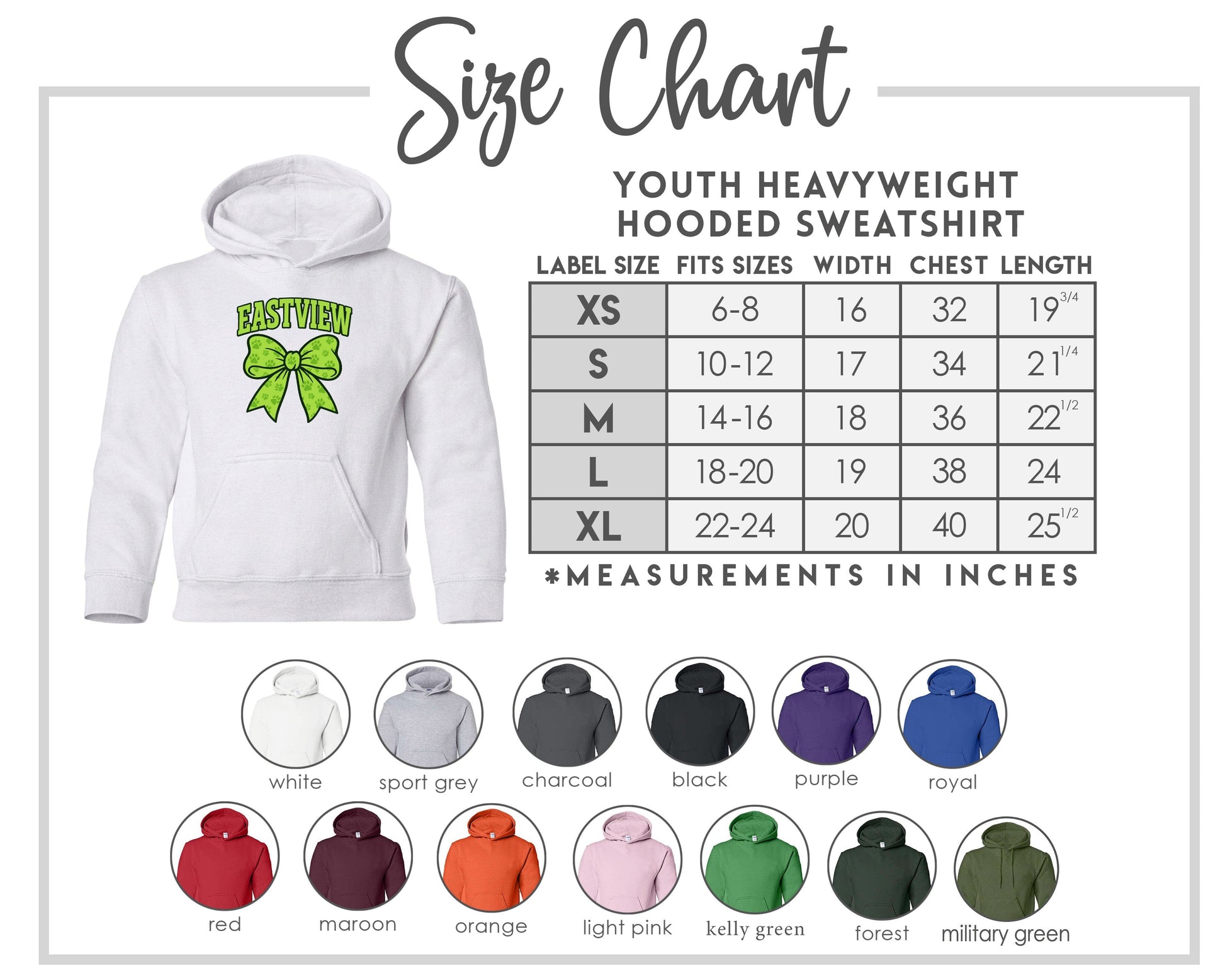 The image is a size chart for a youth heavyweight hooded sweatshirt, providing measurements for different age groups and sizes.