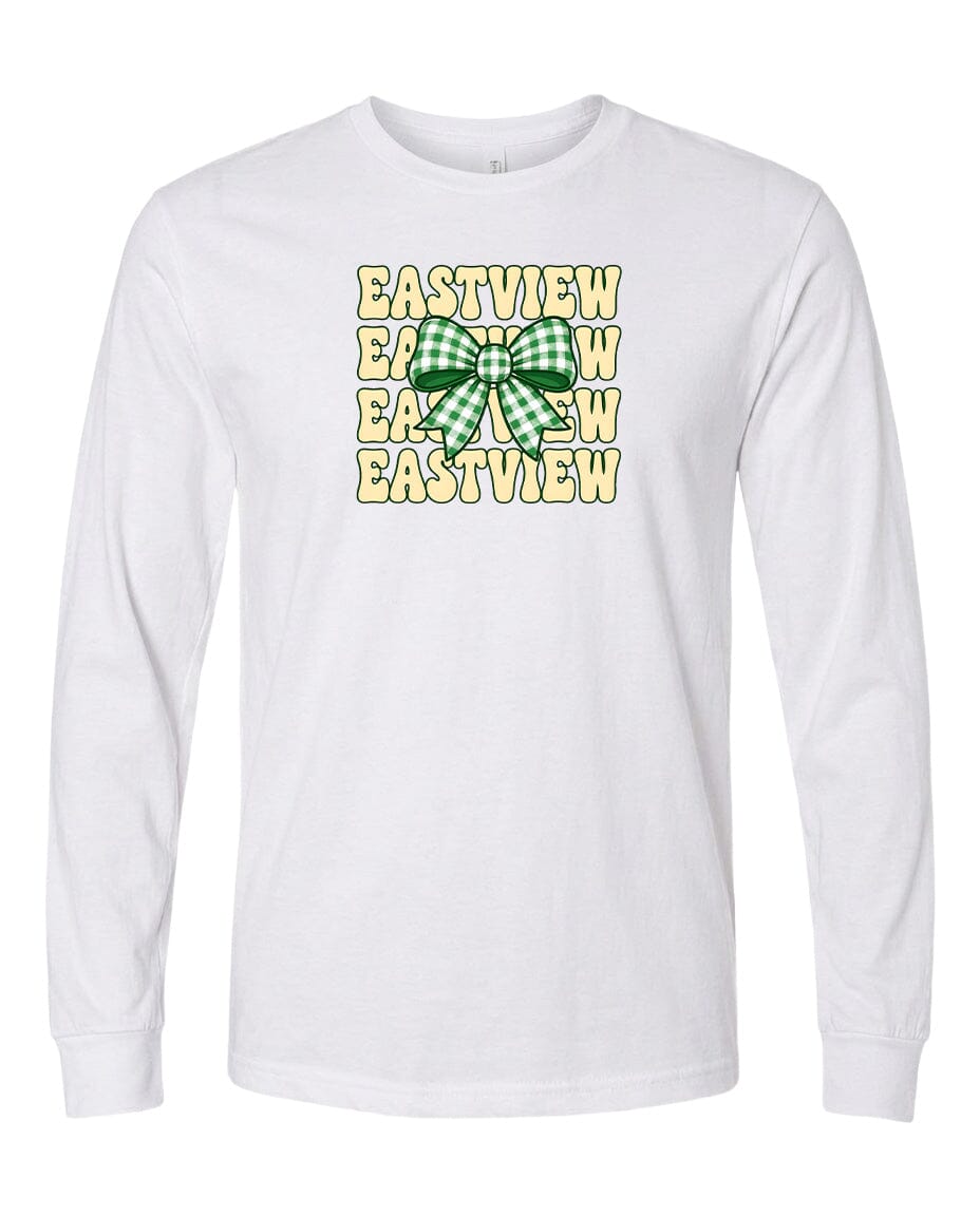 A white long-sleeved t-shirt with a graphic design featuring a green and white bow and the text "EASTVIEW" repeated multiple times in a vertical arrangement.