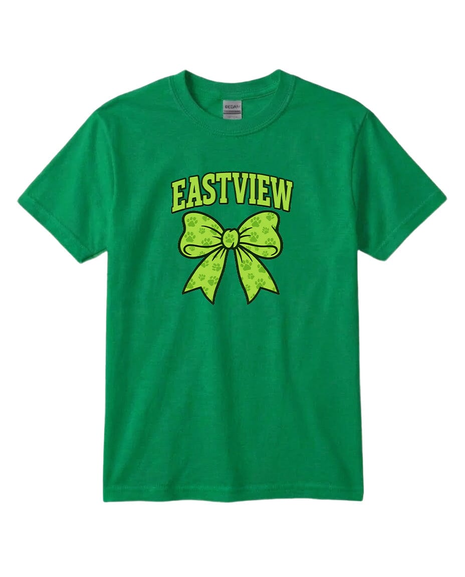 A green t-shirt with a yellow bow graphic and the text "EASTVIEW" printed on it.