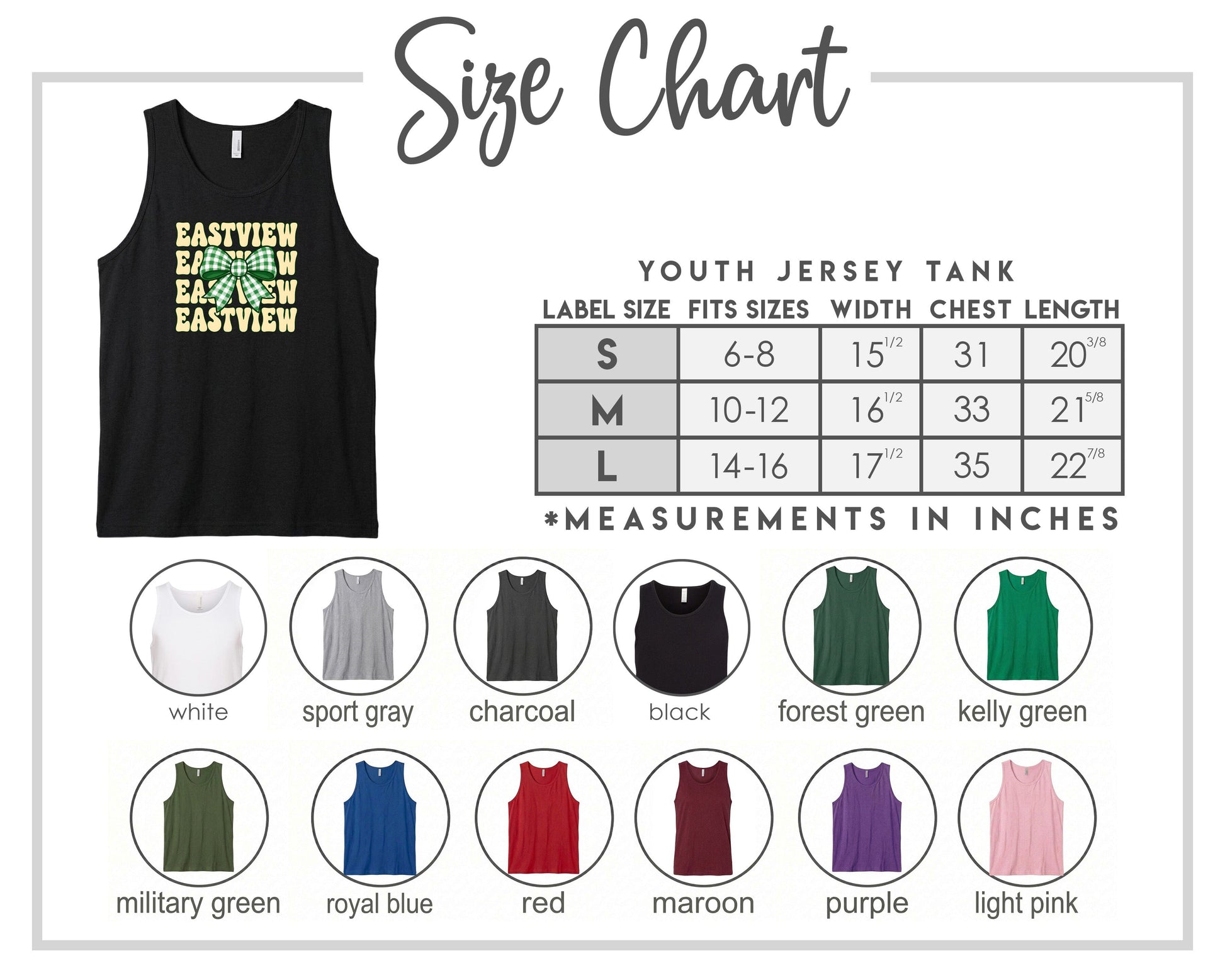 The image is a size chart for a youth jersey tank, displaying various color options and corresponding measurements in inches.
