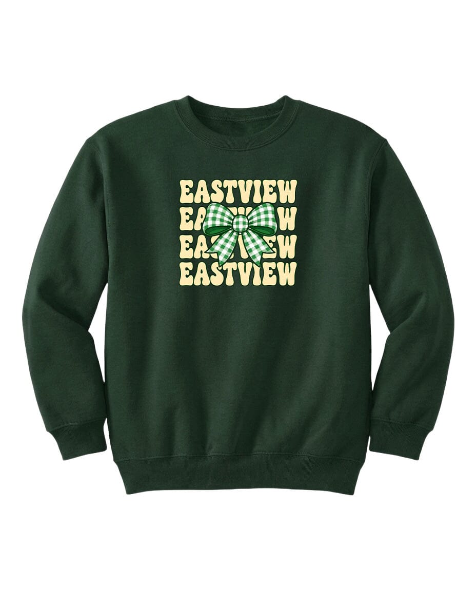 A dark green sweatshirt with a graphic design featuring the text "EASTVIEW" repeated in a pattern.