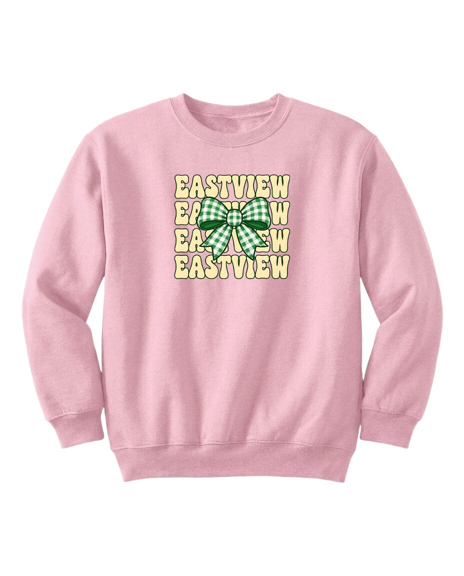 A pink sweatshirt with a graphic design featuring the text "EASTVIEW" repeated in a vertical pattern.