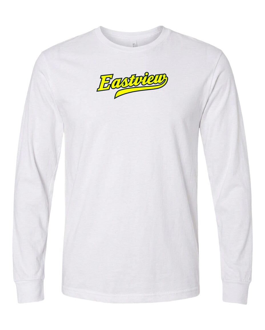 A white long-sleeved t-shirt with a yellow logo on the front.