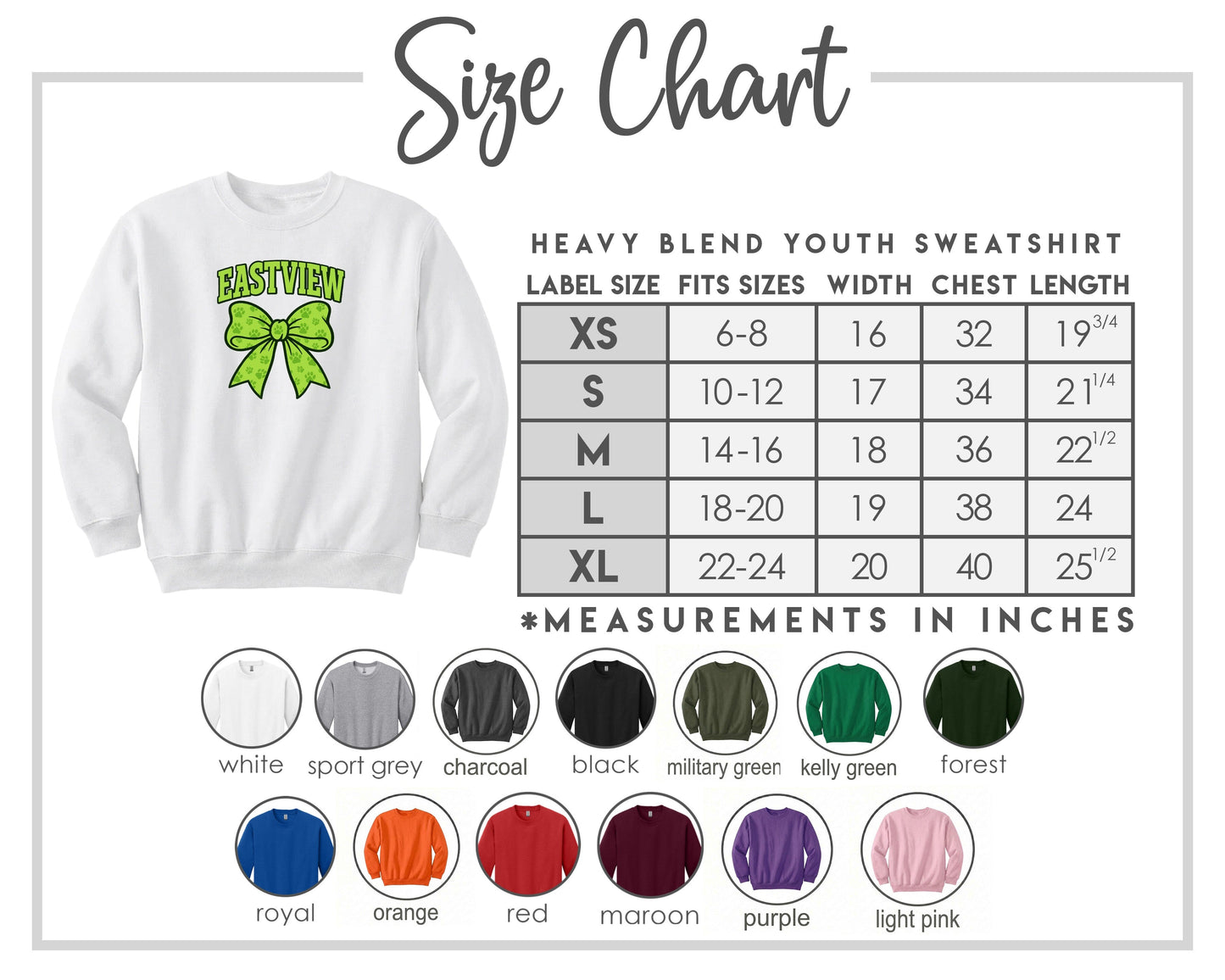 The image is a size chart for a heavy blend youth sweatshirt, including various color options and corresponding measurements in inches.