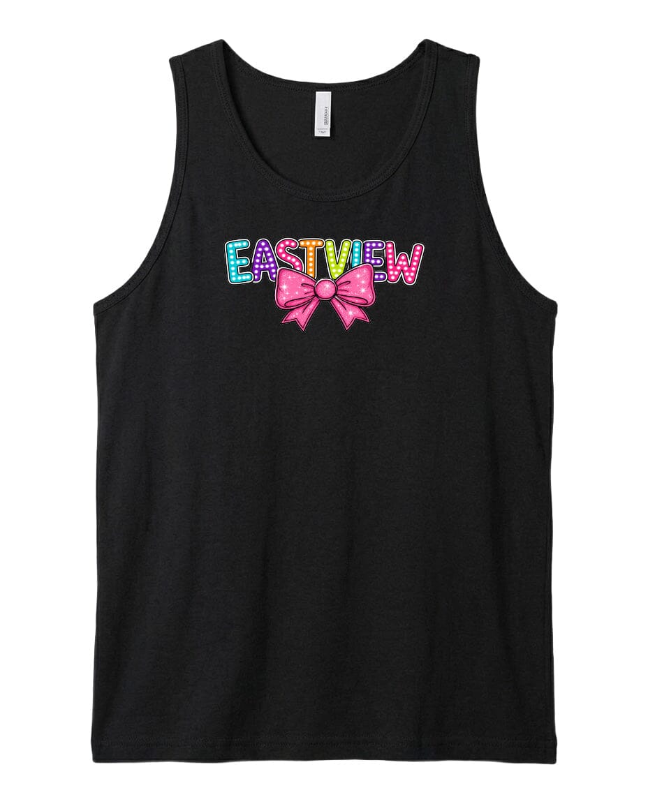 A black tank top with the word "EASTVIEW" printed in colorful letters with a bow design.