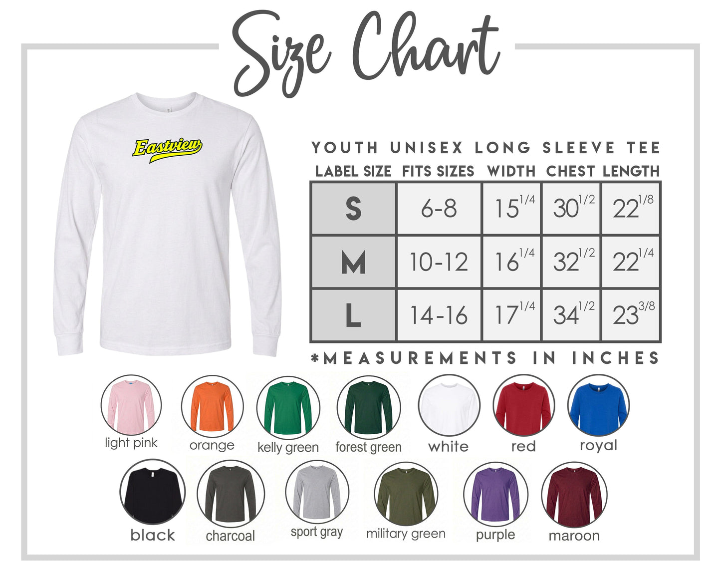 The image is a size chart for a youth unisex long sleeve tee, including various color options and corresponding measurements.