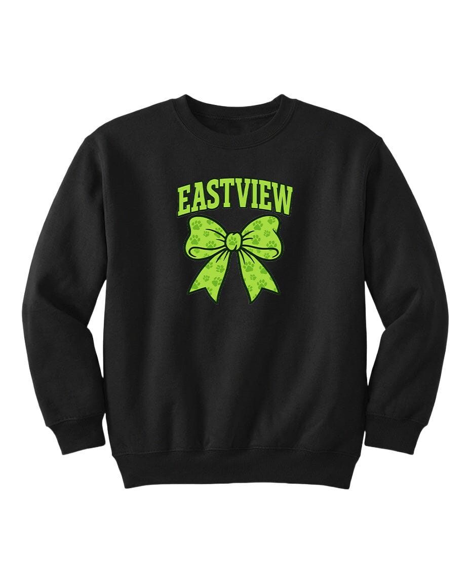 A black sweatshirt with a green bow and the word "EASTVIEW" printed on it.