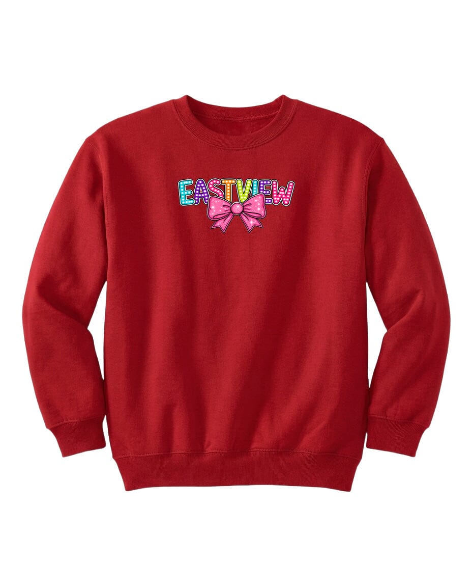 A red sweatshirt with the word 'EASTVIEW' printed on it.