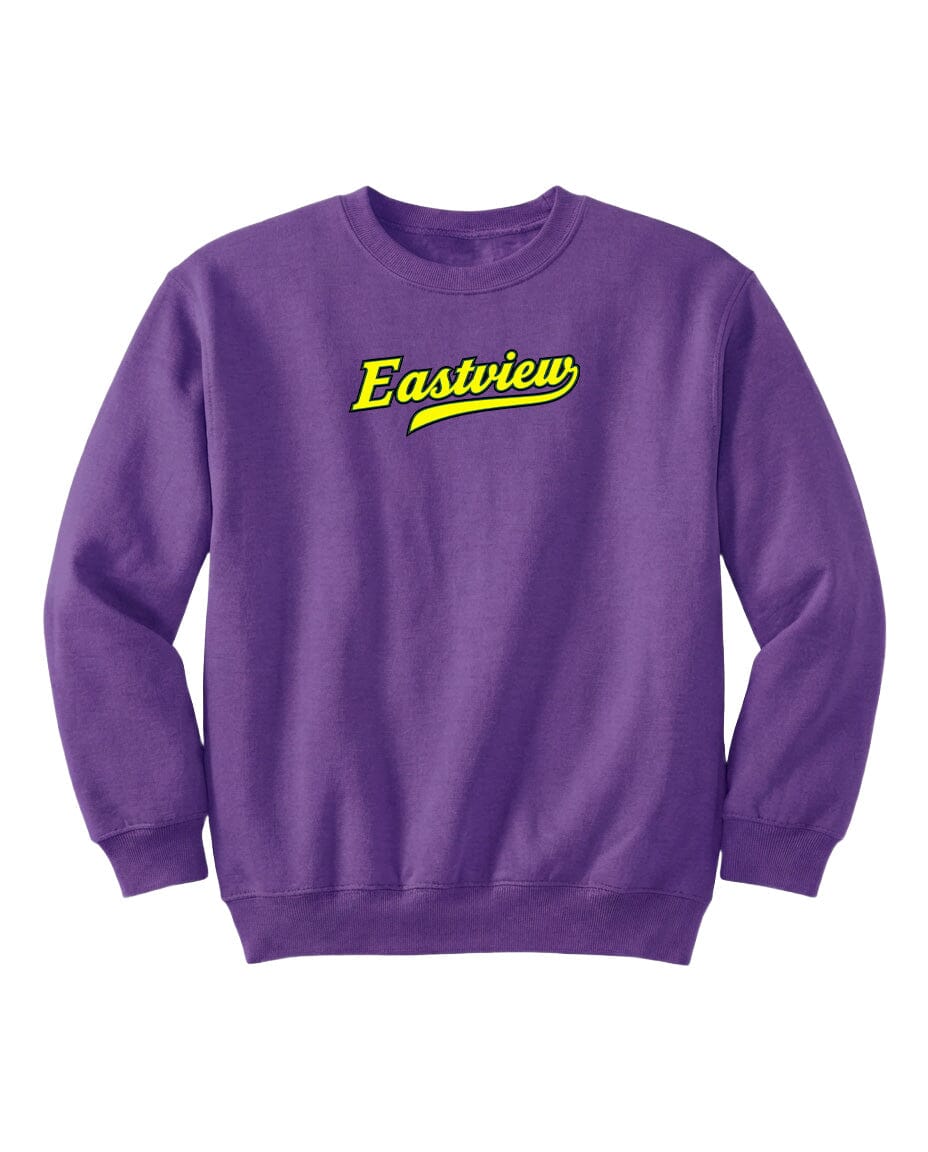 A purple sweatshirt with the word "Eastview" printed in yellow on the front.