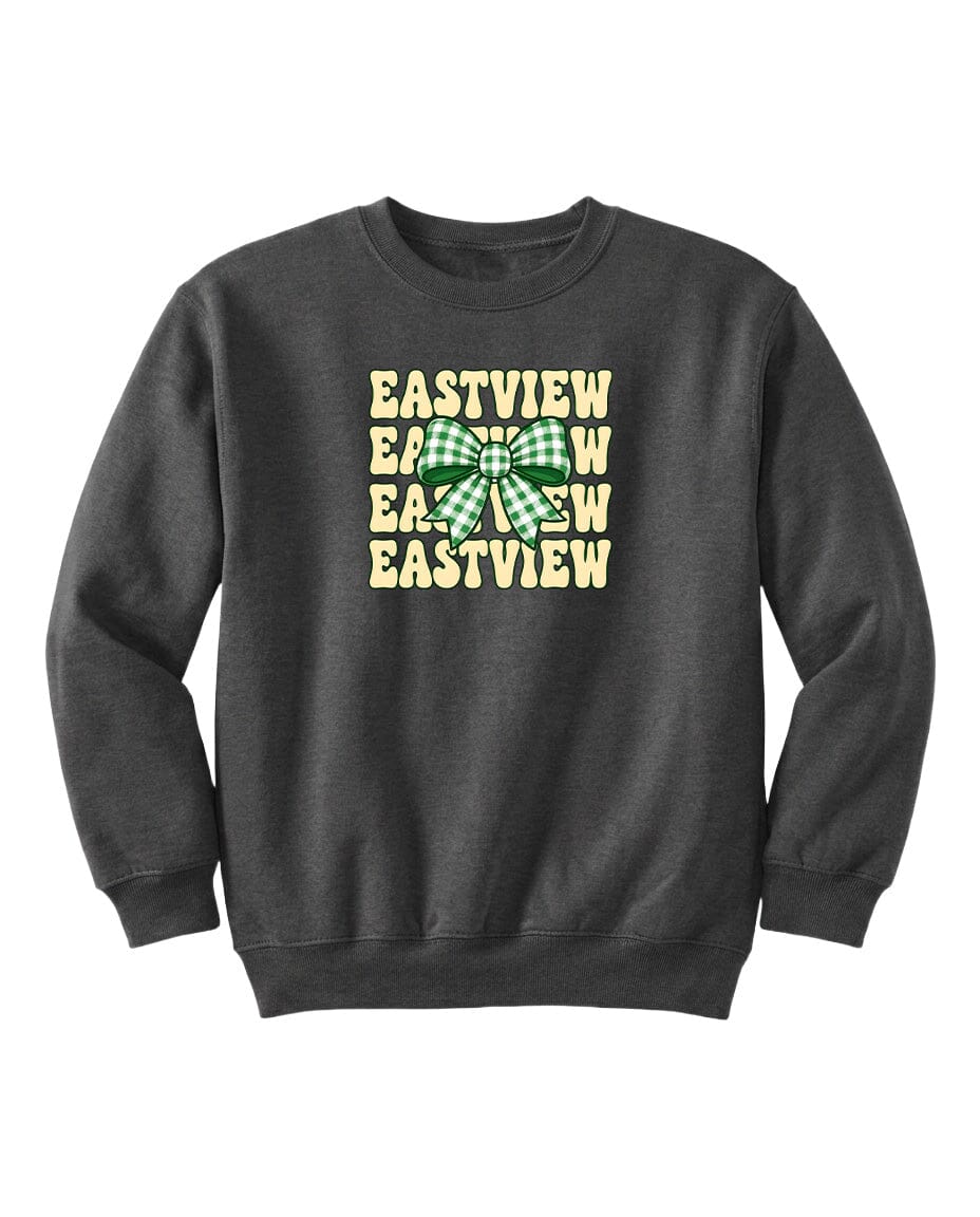 A gray sweatshirt with a graphic design featuring the text "EASTVIEW" repeated in a pattern.