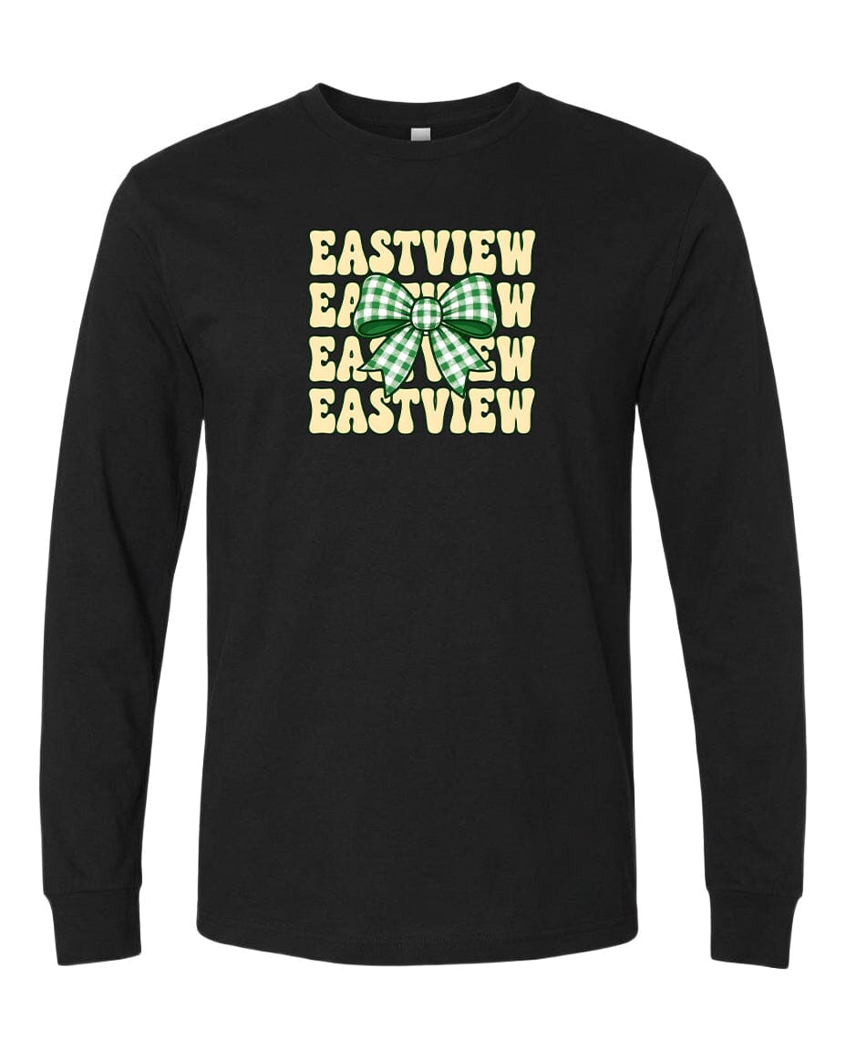 A black long-sleeved t-shirt with a graphic design featuring the text "EASTVIEW" repeated in a vertical orientation, with a green and white checkered bow in the center.