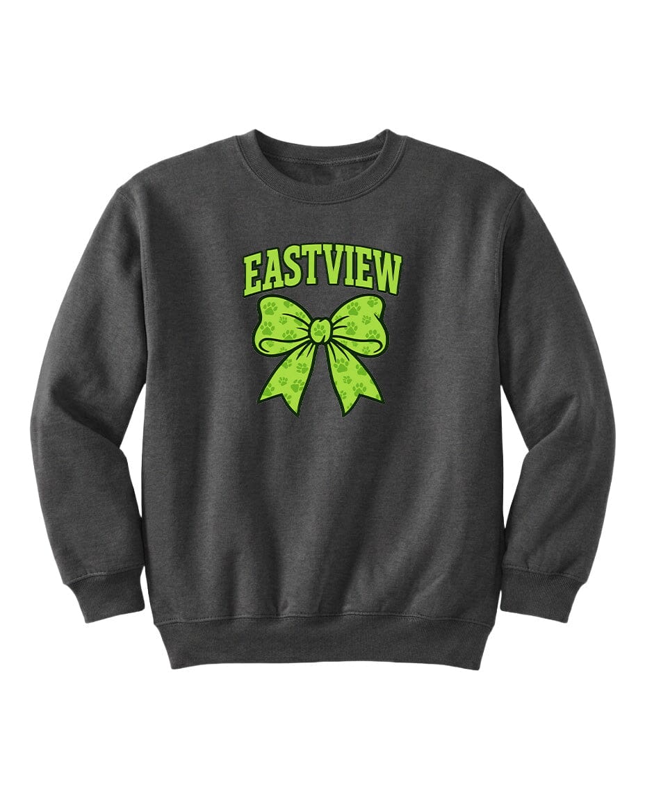 A gray sweatshirt with a green bow and the word "EASTVIEW" printed on it.