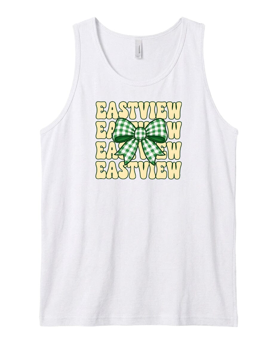 A white tank top with a green and white checkered bow printed on it.