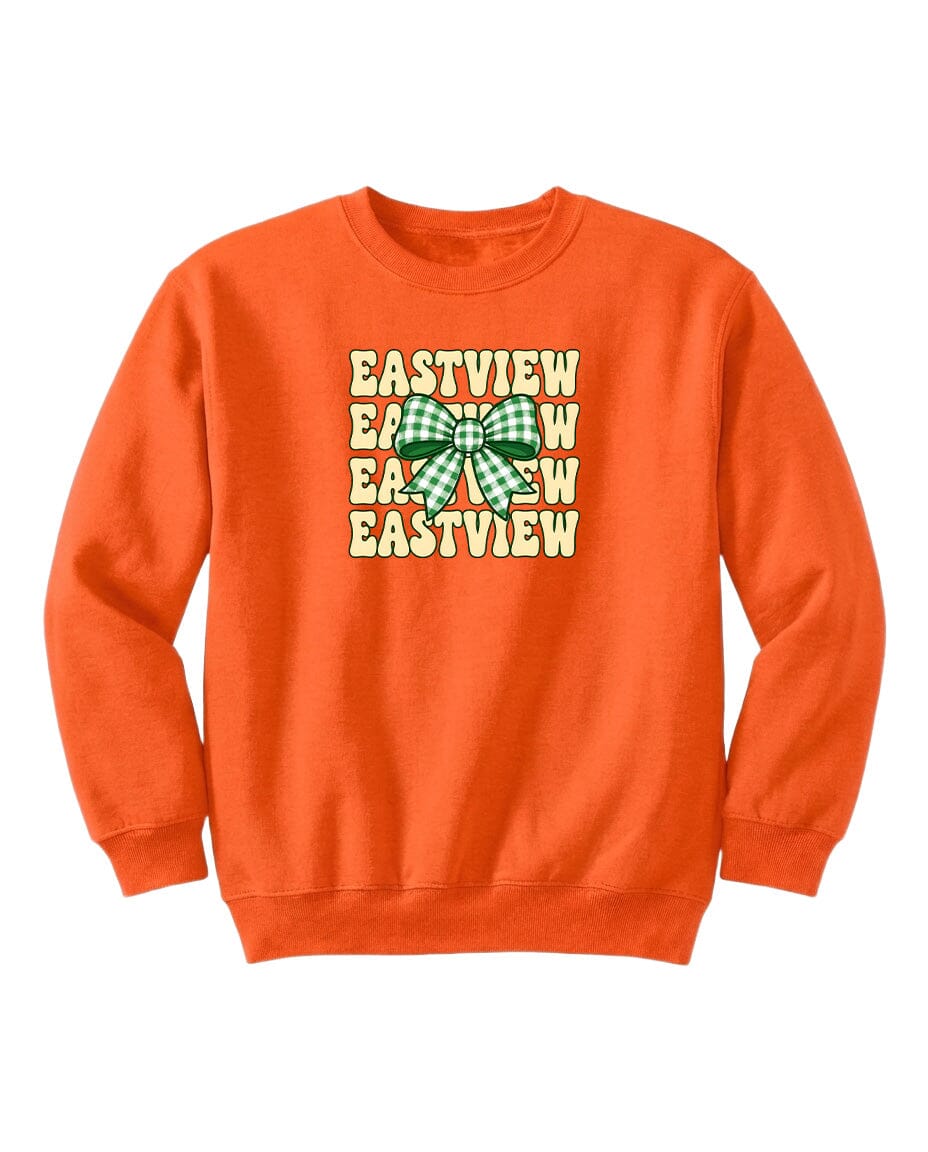An orange sweatshirt with a green bow and the text "EASTVIEW" printed on it.