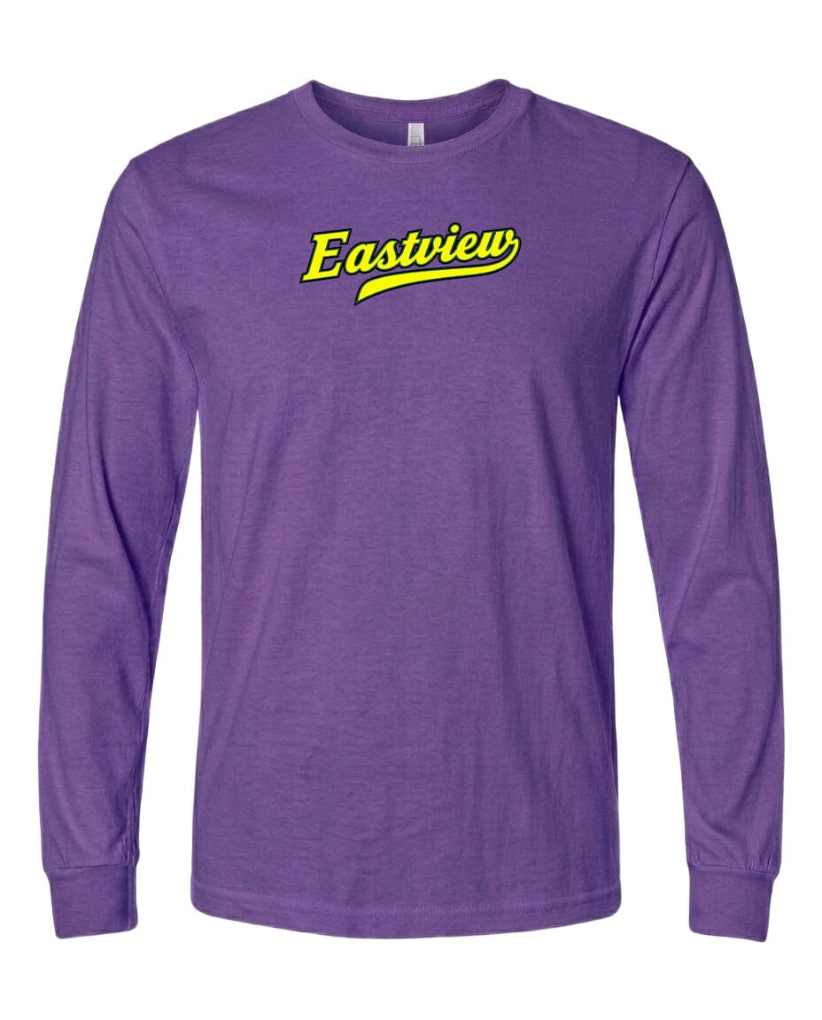 A purple long-sleeved t-shirt with the text "Eastview" printed on it in yellow.