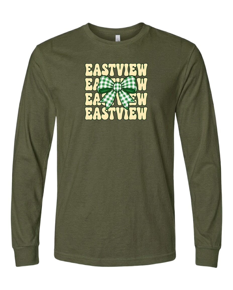 A long-sleeved olive green t-shirt with a graphic design featuring the text "EASTVIEW" repeated in a vertical orientation, with a green and white bow in the center.