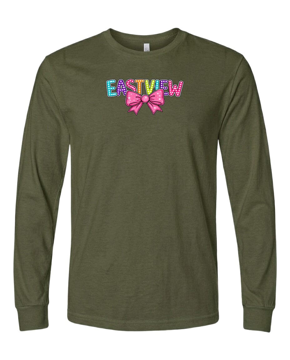 A long-sleeved olive green t-shirt with the word "EASTVIEW" printed on it in a colorful, stylized font.