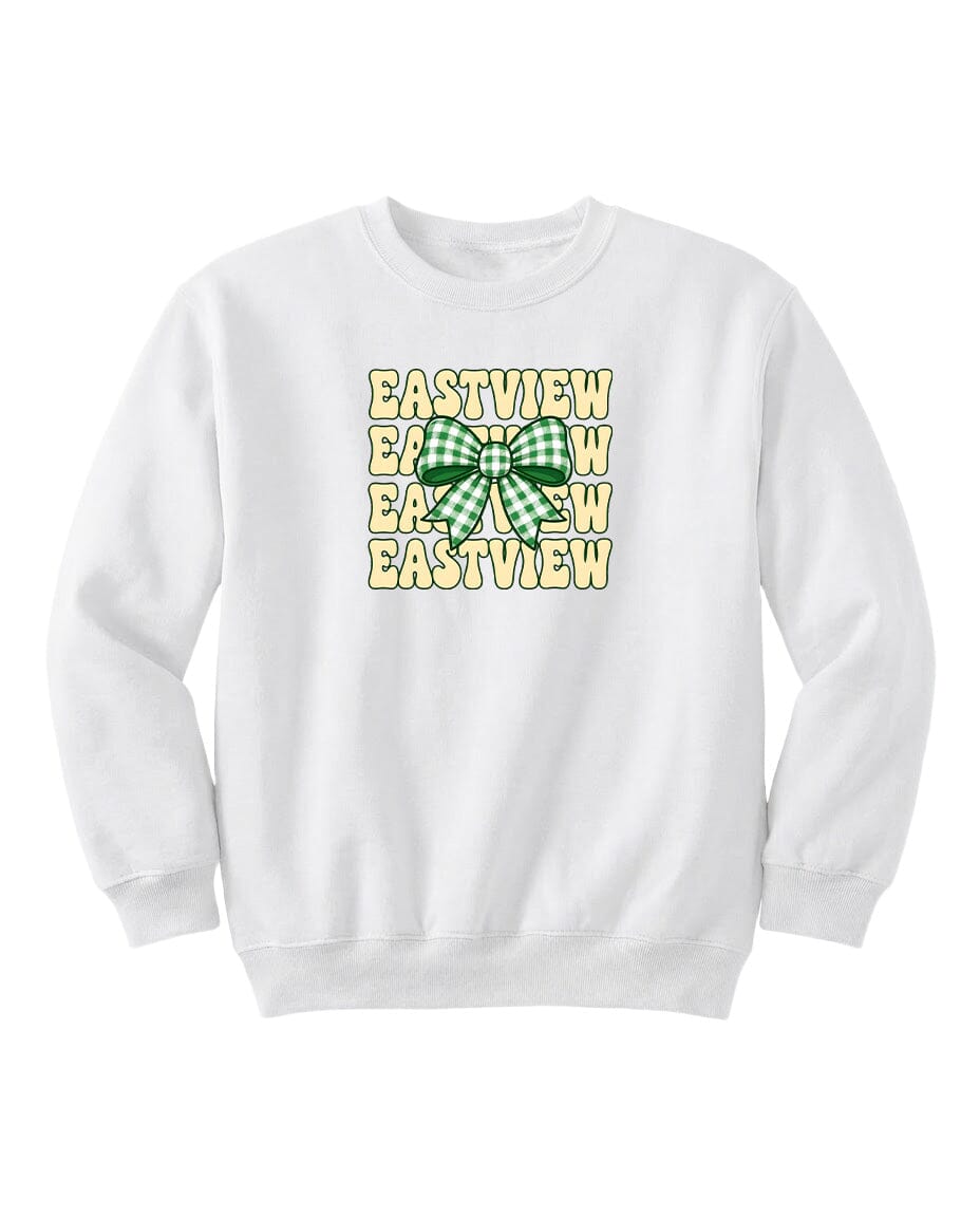A white sweatshirt with a graphic design featuring the word "EASTVIEW" repeated in a pattern, with a green bow in the center.