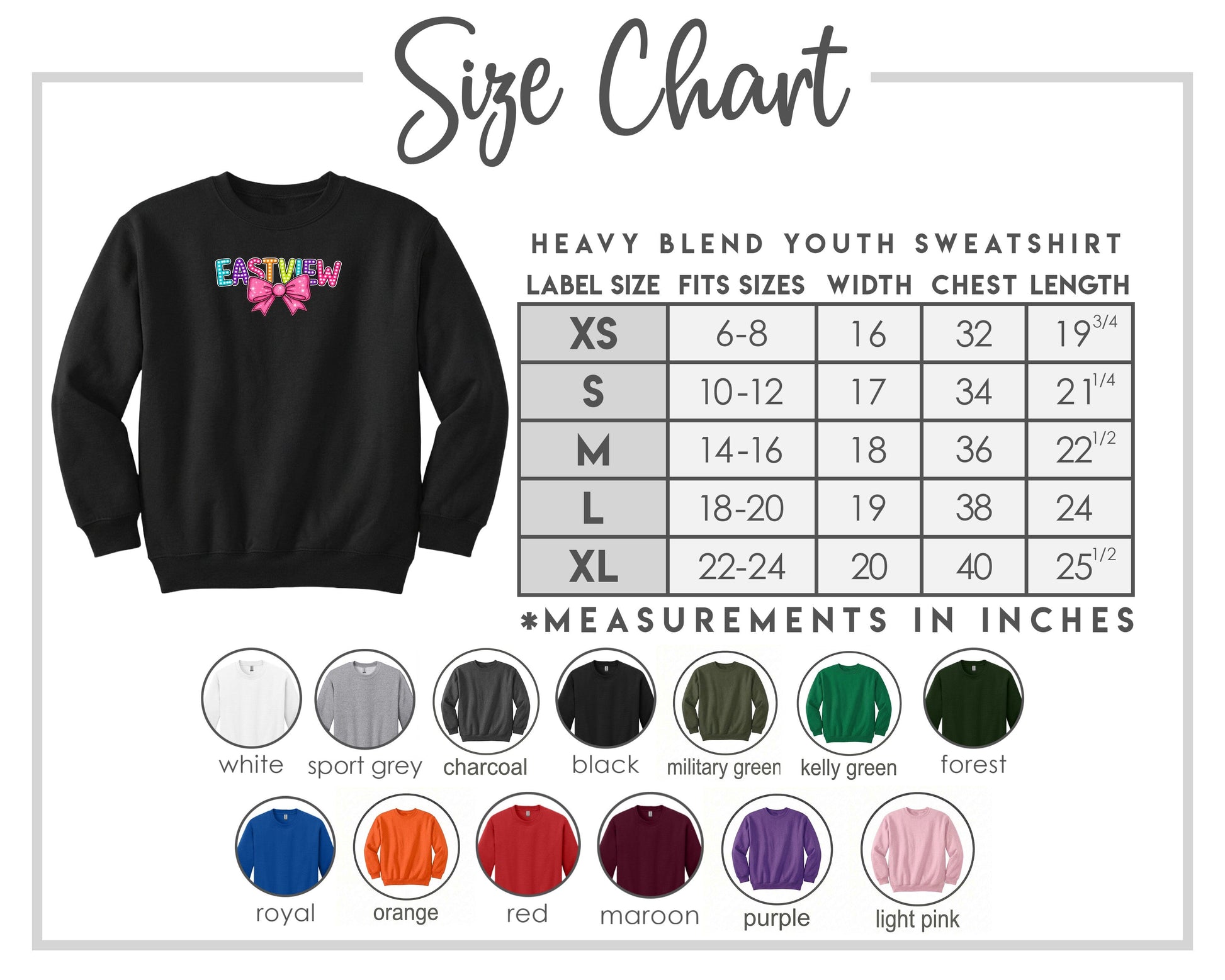 The image is a size chart for a heavy blend youth sweatshirt, including various color options and corresponding measurements in inches.