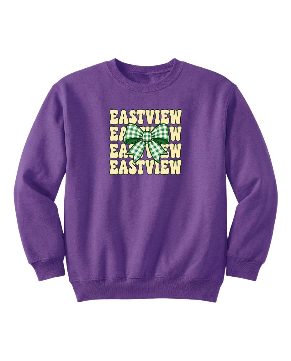 A purple sweatshirt with a graphic design featuring the text "EASTVIEW" repeated in a vertical pattern.