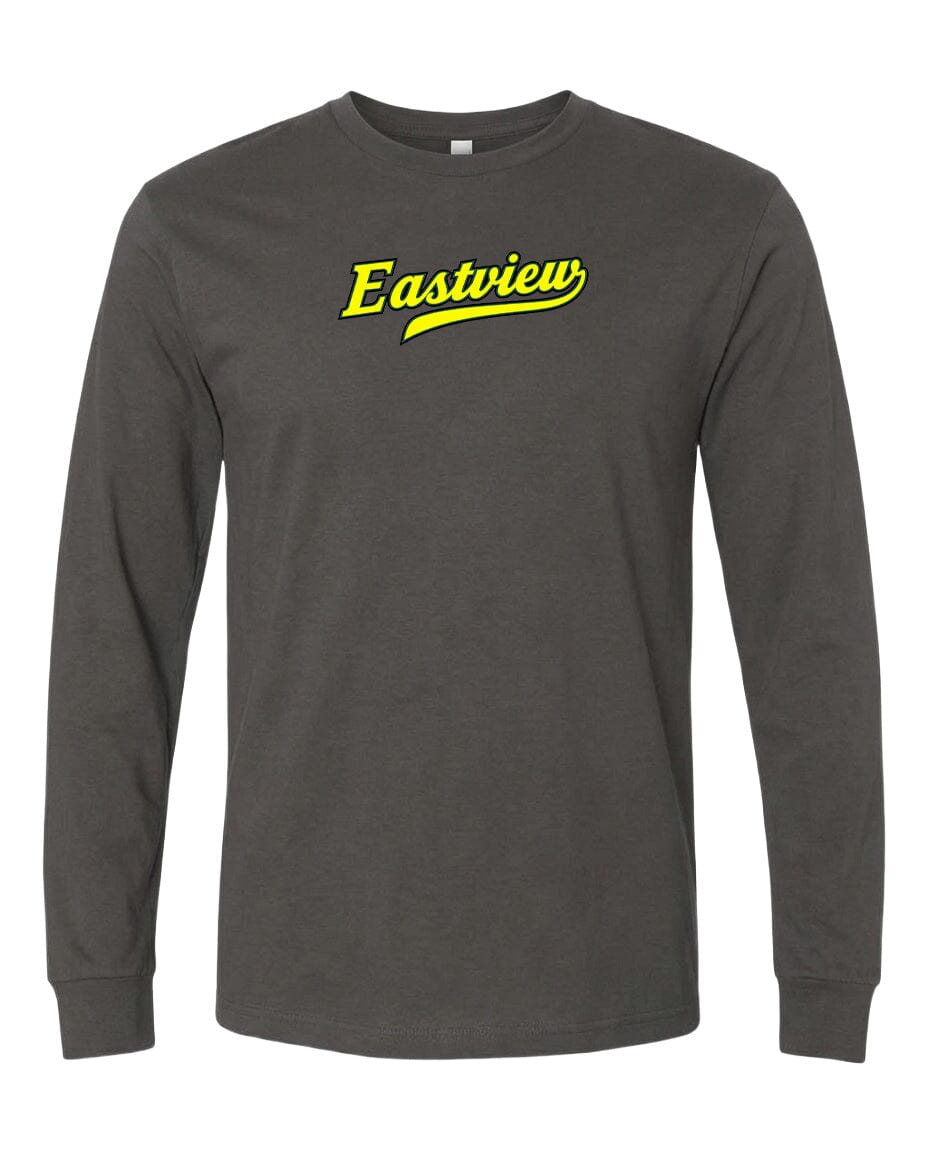 A gray long-sleeved t-shirt with the word "Eastview" printed in yellow on the front.
